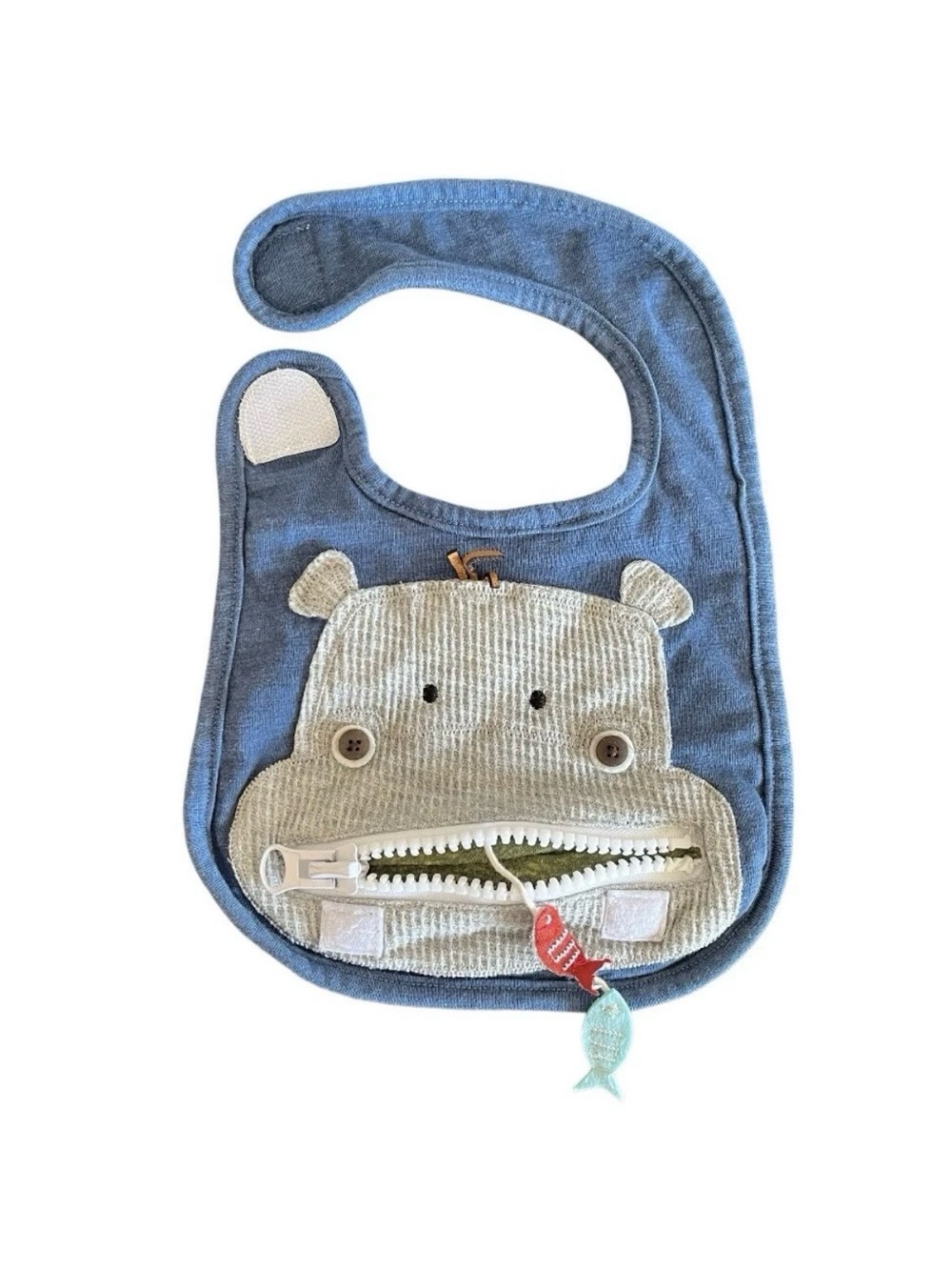 Mud Pie Baby Bib Safari Hippo Hippopotamus Zipper Fish One Size